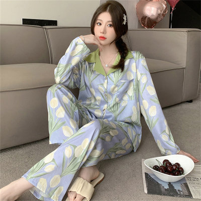ins spring imitation silk pajamas women's long-sleeved high-end color-blocked collar tulip cardigan internet celebrity live broadcast home wear