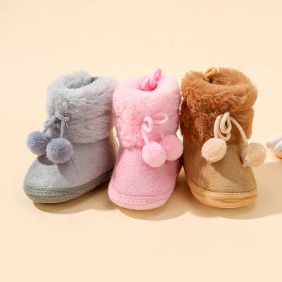 Baby Girl Solid Color Non-slip Soft ETC Soles High-top Pom Pom Cotton-padded Lace-up Shoes