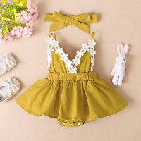 hibobi Girl Baby V-neck Floral Halter Dress Bodysuit & Headband  Yellow