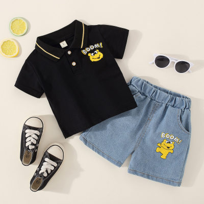 Toddler Boy Cute Cartoon Polo Shirt & Denim Shorts