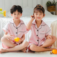 Children's pajamas short-sleeved imitation silk children's home clothes suit air-conditioned clothes summer thin cardigan  Pink