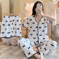 Women's 3 piece bow print pajamas set  White