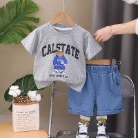 A drop-shipping children's new summer short-sleeved children's clothing for small and medium-sized boys and girls casual round neck T-shirt denim shorts set  Gray