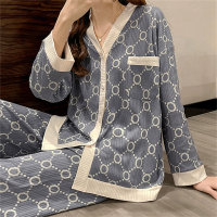 ins Korean style round circle small fragrant style pajamas women's long-sleeved trousers with pockets loose v-neck foreign trade cross-border home clothes  Blue