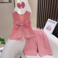 New style girls suit bow solid color clothes two piece suit  Pink