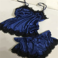 European and American imitation silk lace edge split pajama set, home pajama fun lace set  Blue