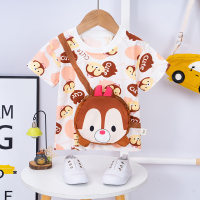 Säuglings-T-Shirt aus reiner Baumwolle mit kurzen Ärmeln, neue Cartoon-super süße Jungen- und Mädchen-dreidimensionale echte Taschen-Kinderkleidung  Braun