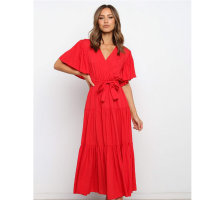 Falda larga con cintura de encaje y hoja de loto de color liso con cuello en V para mujer  rojo