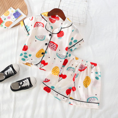 2-piece Toddler Girl Satin Silk Allover Fruit Printed Short Sleeve Top & Matching Shorts