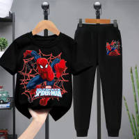 Ropa para niños Spider-Man, pantalones de manga corta, dos piezas, primavera y verano, nuevos trajes para niños, trajes para niños mayores, ropa para niños guapos, trajes de moda  Negro