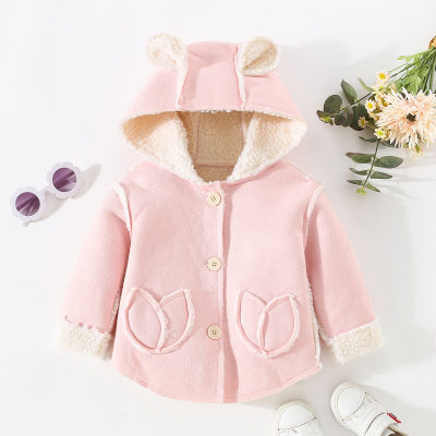Toddler Girl Suede Solid Color Hooded Fleece-lined Button-up Jacket