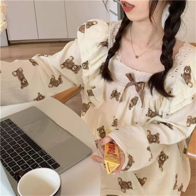 Korean version of autumn cross-border pajamas for women v-neck lace sweet cartoon all-over printed bears online infrared trade live broadcast home clothes