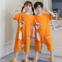 بيجامة صيفية لطيفة للغاية للأطفال من قطعة واحدة من القطن الخالص ملابس منزلية للأطفال متوسطة وكبيرة برسوم كرتونية قابلة للتنفس ومضادة للركل ملابس منزلية للأطفال  برتقالي