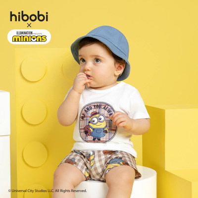 Minions × hibobi Boy Baby Conjunto de pantalones cortos de cuadros marrones estampados