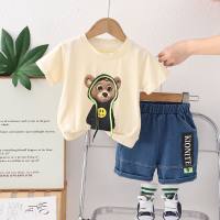 Boys summer suit 2024 new style baby short-sleeved cartoon summer clothes handsome children's clothes two-piece suit trendy  Beige