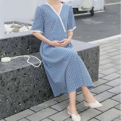 Maternity blue floral dress for women mid-length