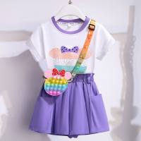 Girls' fashionable suits, stylish 2024 new children's summer short-sleeved T-shirts, internet celebrity, two-piece set for children 12 years old  Purple