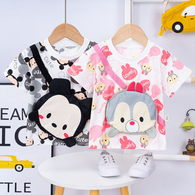 Camiseta de algodón infantil de manga corta, nuevo estilo de dibujos animados, super lindo, para niños y niñas, bolsa real tridimensional, ropa para niños