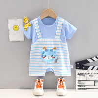 Summer baby jumpsuit cotton cartoon dinosaur half-sleeved crawling suit 0-1 year old baby patchwork short-sleeved jumpsuit  Light Blue
