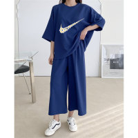 2PCS short-sleeved T-shirt wide-leg pants sports suit two-piece set  Blue