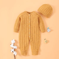Baby Knitwear Solid Color Long-sleeved Long-leg Romper & Hat  Yellow