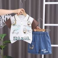 New children's suit summer boy cartoon print short-sleeved POLO shirt casual denim short-sleeved fashion two-piece suit  Brown