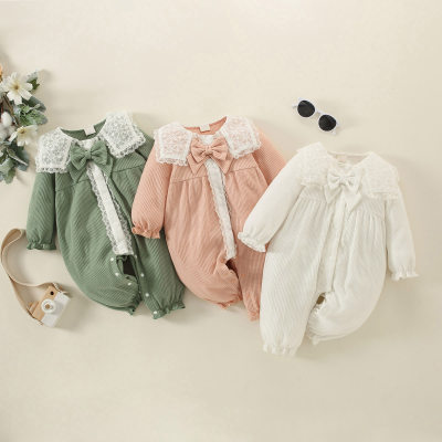 Baby Solid knitted Bow Lace Long-sleeved Long-leg Romper