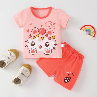 Conjuntos de pijama con pantalón corto y top de bloque de color de dibujos animados de algodón para niñas pequeñas