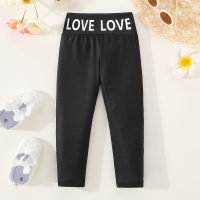 2-piece Toddler Girl Solid Color Letter Printed Close-fitting Pants & Lepard Print Letter Printed Close-fitting Pants  Black