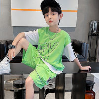 Boys summer suit 2024 summer new style boys short-sleeved sports two-piece set medium and large children's trendy and handsome basketball uniforms  Green