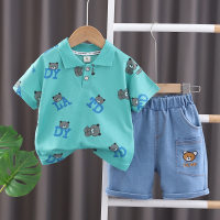 Comercio exterior 2024 traje de verano para niños nueva ropa para bebés y niños camisa polo de manga corta para bebés de moda conjunto de dos piezas de moda  Verde