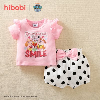 hibobi×PAW Patrol  Baby Girl Cartoon Print Ruffle Short Sleeve Cotton  T-shirt and polka dots Pants Set