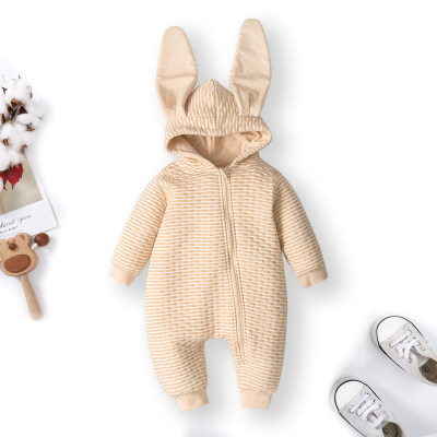 Baby Solid Color Striped 3D Ear Design Hooded Zip-up Long-sleeved Long-leg Romper
