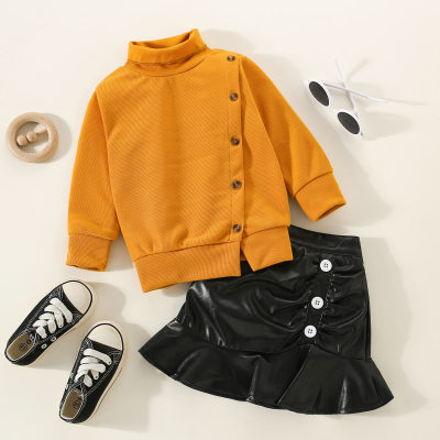 Toddler Solid Color Polo Neck Sweater & Skirt