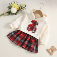 Baby Girl Bear Pattern Plaid Patchwork Hooded Long Sleeve Dress  Red