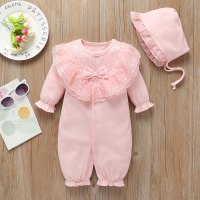 Baby Girl 2 Pieces Solid Color Ruffle Lace Bow-knot Decor Jumpsuit & Hat  Pink