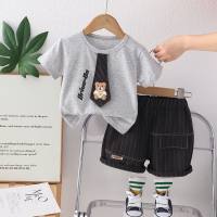 Boys summer short-sleeved suit 2024 new infant children's tie bear cartoon baby summer clothes handsome two-piece suit trendy  Gray