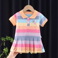 فستان صيفي للفتيات الصغيرات، تنورة مخططة بأكمام قصيرة وطيات  وردي 