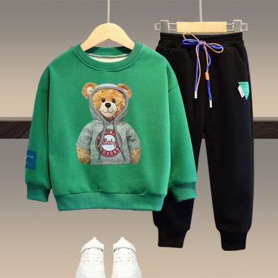 Felpa e pantaloni stampati con orso dei cartoni animati per bambini in 2 pezzi