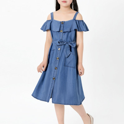 Kid Girl Solid Color Lapel Button Front Belted Sleeveless Denim Dress