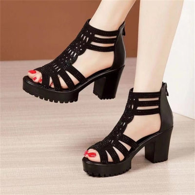 Women's thick heel non-slip fish mouth medium and high heel Roman shoes ladies soft bottom open toe height increasing sandals