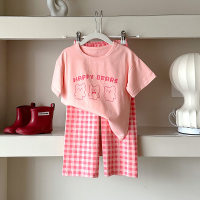 Children's short-sleeved T-shirt suit home clothes summer thin cartoon pure cotton pajamas  Pink