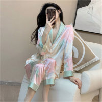 ins Korean version of high-end long-sleeved pajamas for women with gradient flowers new internet celebrity live broadcast cardigan simulated silk home clothes  Multicolor