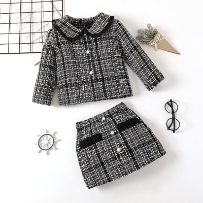 2-piece Toddler Girl Lapel Plaid Button Front Tweed Jacket & Pencil Skirt