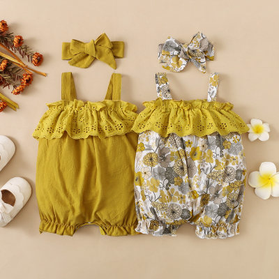 hibobi Baby Girl Floral Printed Camisole One-Piece Hairband Two-Piece
