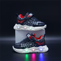 Novos calçados esportivos infantis de desenho animado com luzes na primavera e no outono, calçados infantis luminosos de couro com teia de aranha LED para meninos de 1 a 6 anos  Azul