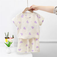 Girls Pajamas Bubble Cotton Short Sleeve Thin Set Girls Baby Children's Home Clothes Outer Wear  Light Purple