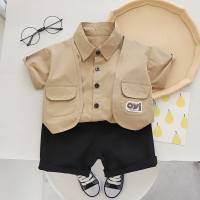Boys' summer short-sleeved suit, new trendy boy baby workwear vest, children's summer two-piece set  Brown