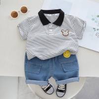 Summer striped POLO shirt for boys and toddlers, simple rabbit head chest logo children's suit, toddler cotton tops and jeans  Gray