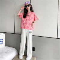 Summer girls suits summer new style medium and large children's short-sleeved tops straight pants student sportswear two-piece suit  Pink
